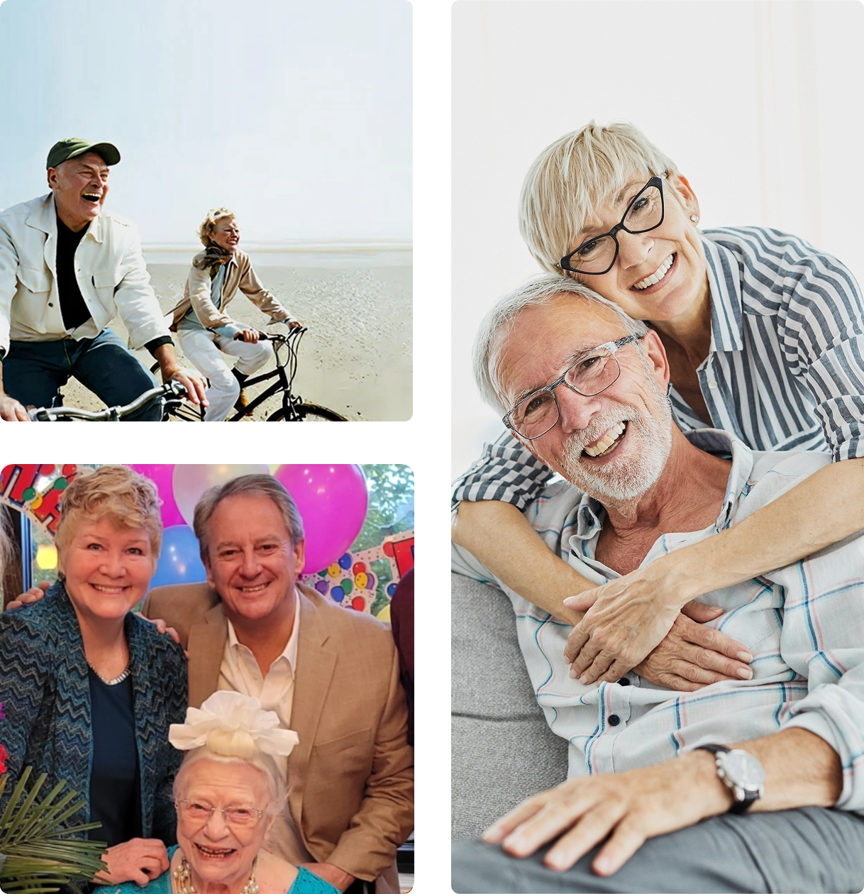 Three joyful photos of elderly couples sharing happy moments together.